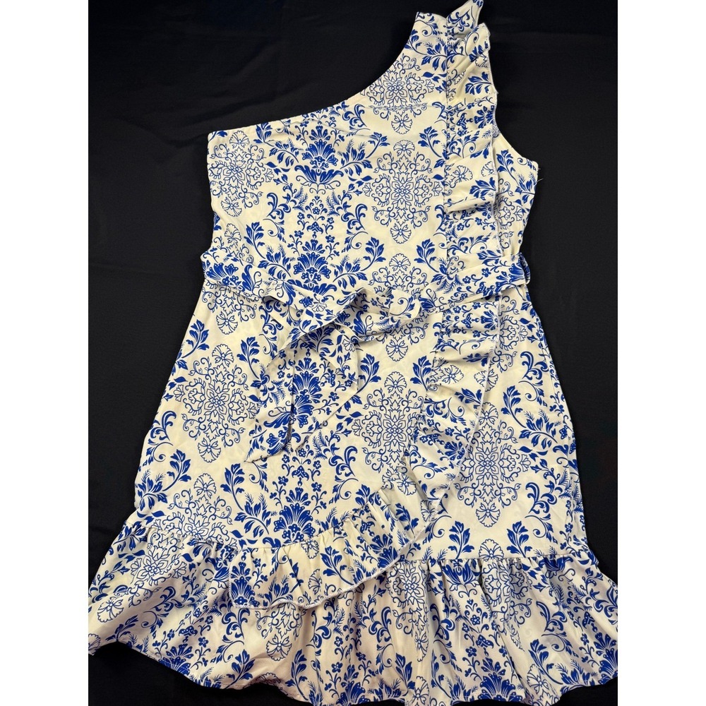 Blue White‎ Damask Floral One Shoulder Ruffle Belted Mini Dress M 6 coastal chic